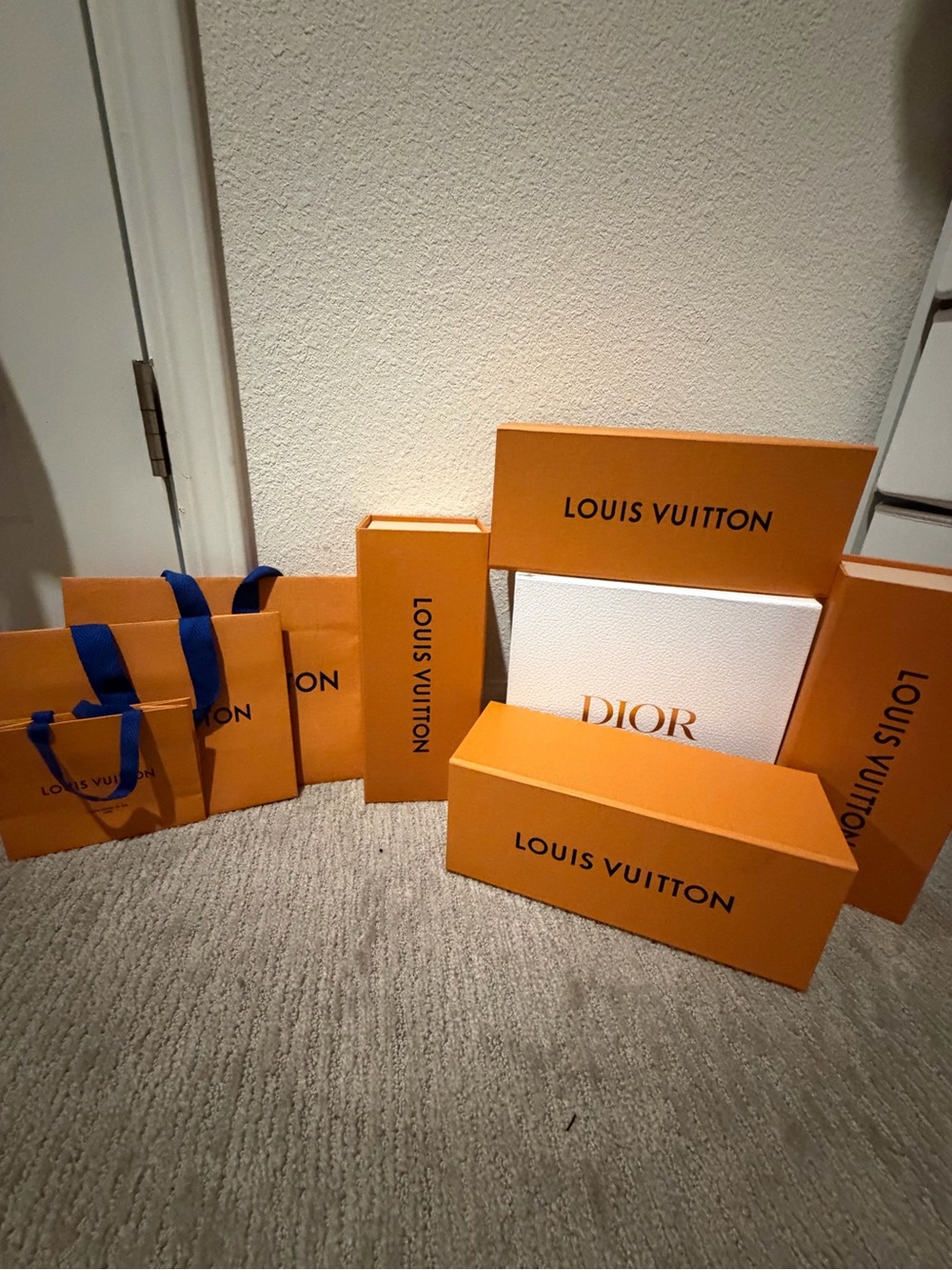 Louis Vuitton Orange Boxes with Blue Ribbon Accents